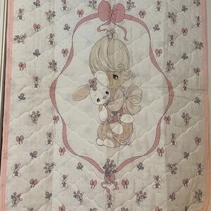 Vintage Precious Moments Pink Baby Blanket Bunny Girl White Handmade